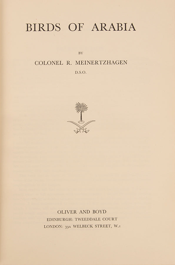 A finely bound copy of Colonel Meinertzhagen's 'Birds of Arabia', the definitive work on Arabian birds.