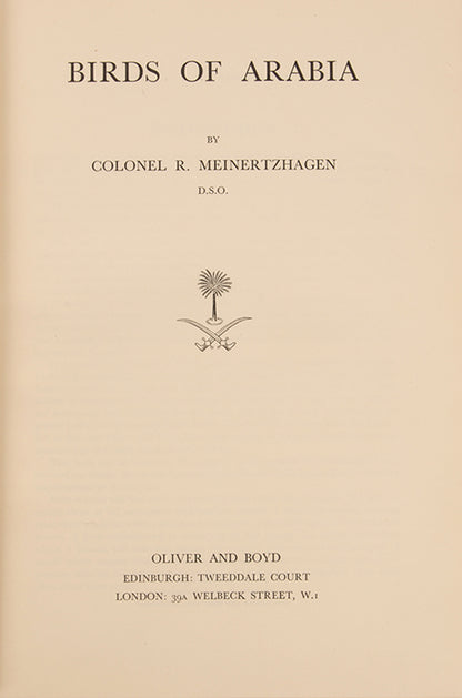 A finely bound copy of Colonel Meinertzhagen's 'Birds of Arabia', the definitive work on Arabian birds.