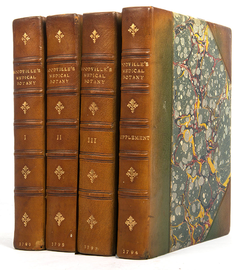 A handsomely bound set of the first edition of Medical Botany by physician William Woodville, with the first supplement, published between 1790 and 1794.