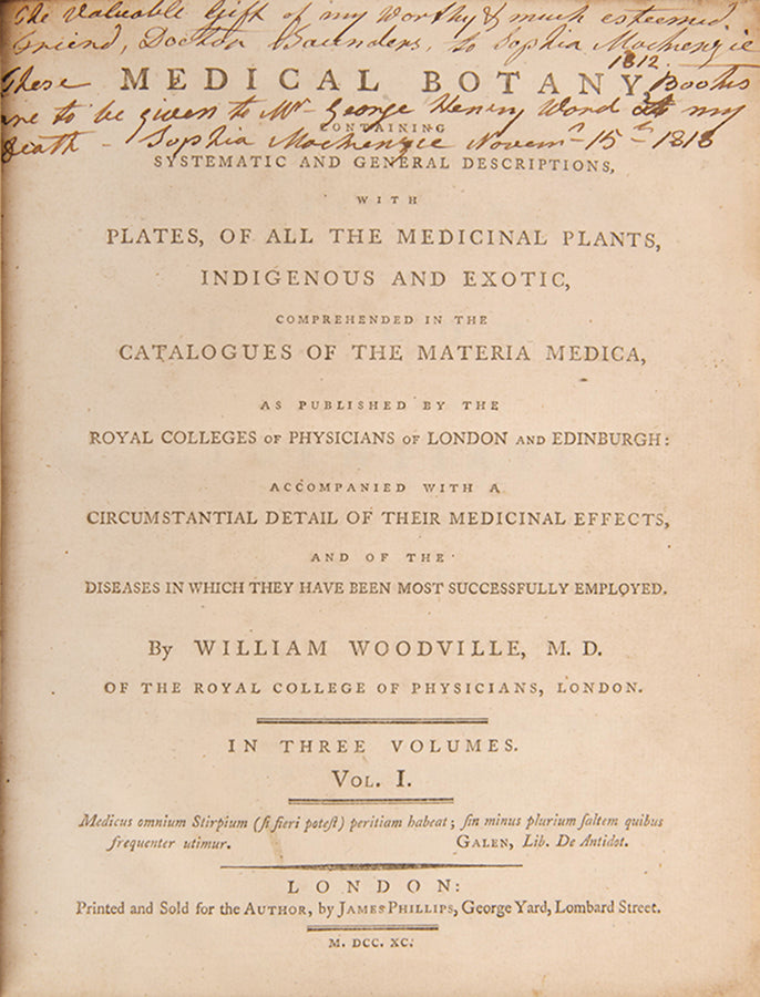 A handsomely bound set of the first edition of Medical Botany by physician William Woodville, with the first supplement, published between 1790 and 1794.