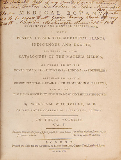 A handsomely bound set of the first edition of Medical Botany by physician William Woodville, with the first supplement, published between 1790 and 1794.