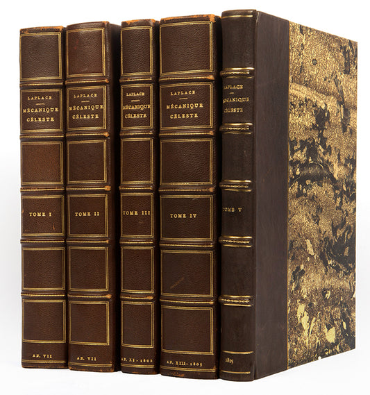 First edition of Pierre Simon Laplace's Traité de Mécanique Céleste (Treatise on Celestial Mechanics), published between 1799 and 1825.
