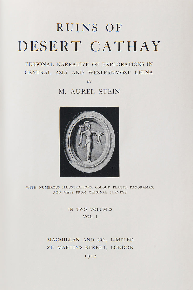 First edition of Aurel Stein's Ruins of Desert Cathay, in the  rare original publisher's dust-jackets, printed on cream paper in black with photograph to front panels not found in the text, leaving the books in truly fine condition.