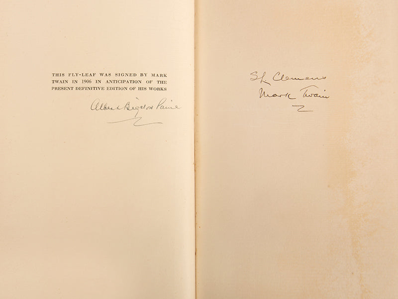 The Definitive edition of Mark Twain's The Writings of Mark Twain, signed by Mark Twain both as his real name and pen name.