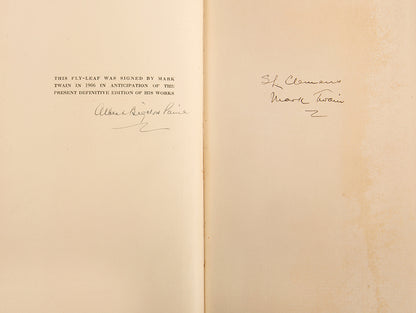 The Definitive edition of Mark Twain's The Writings of Mark Twain, signed by Mark Twain both as his real name and pen name.