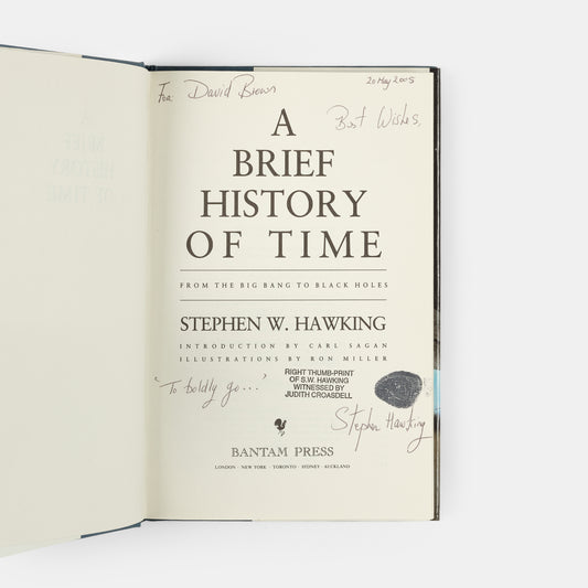 Thumbprint-signed copy of the eighth printing of Stephen Hawking's A Brief History of Time, presented to the former porter at Gonville & Caius College, Cambridge.
