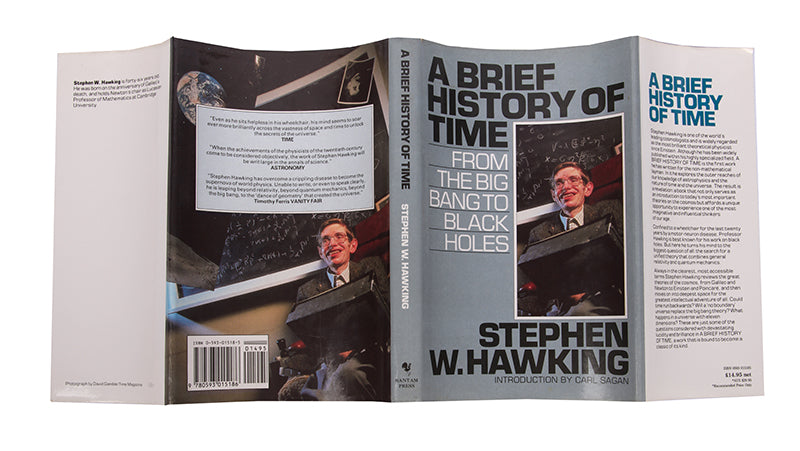Thumbprint-signed copy of the eighth printing of Stephen Hawking's A Brief History of Time, presented to the former porter at Gonville & Caius College, Cambridge.
