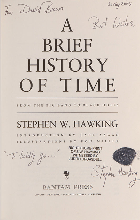 Thumbprint-signed copy of the eighth printing of Stephen Hawking's A Brief History of Time, presented to the former porter at Gonville & Caius College, Cambridge.
