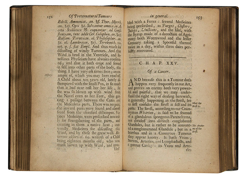 The rare first edition of A Compleat Treatise of Preternatural Tumours, a 17th-century work on cancer treatment by the surgeon-in-ordinary to Charles II, John Browne.