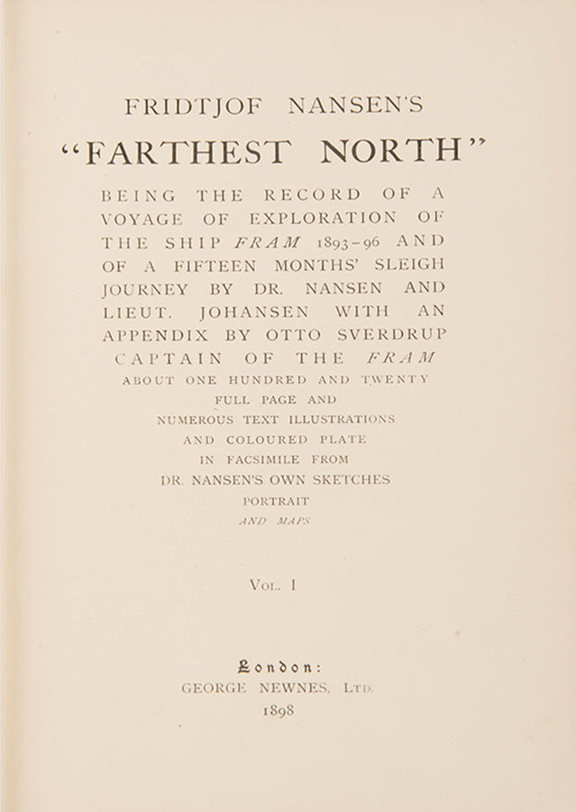 The second edition, with the elaborate gilt cloth decoration new to this edition, of Fridtjof Nansen's Farthest North, the official account of the Fram expedition.