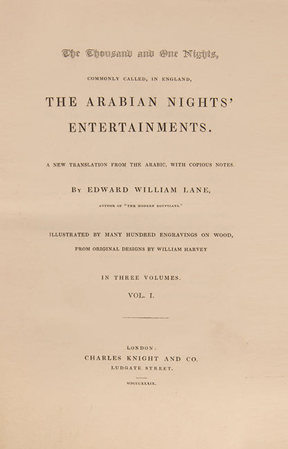 First edition and english translation of the Arabian Nights by Edward Lane, printed in London in 1839.
