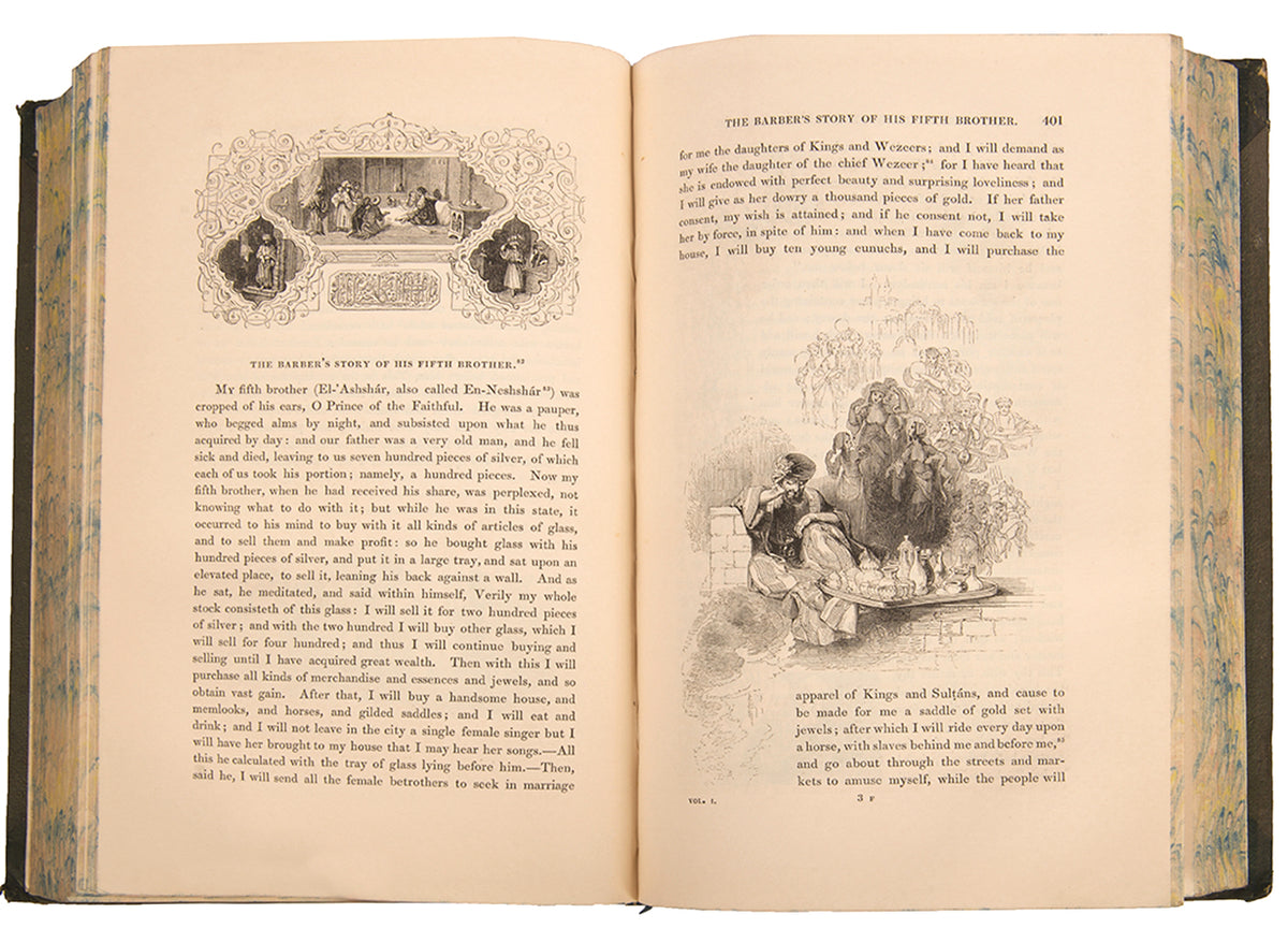 First edition and english translation of the Arabian Nights by Edward Lane, printed in London in 1839.