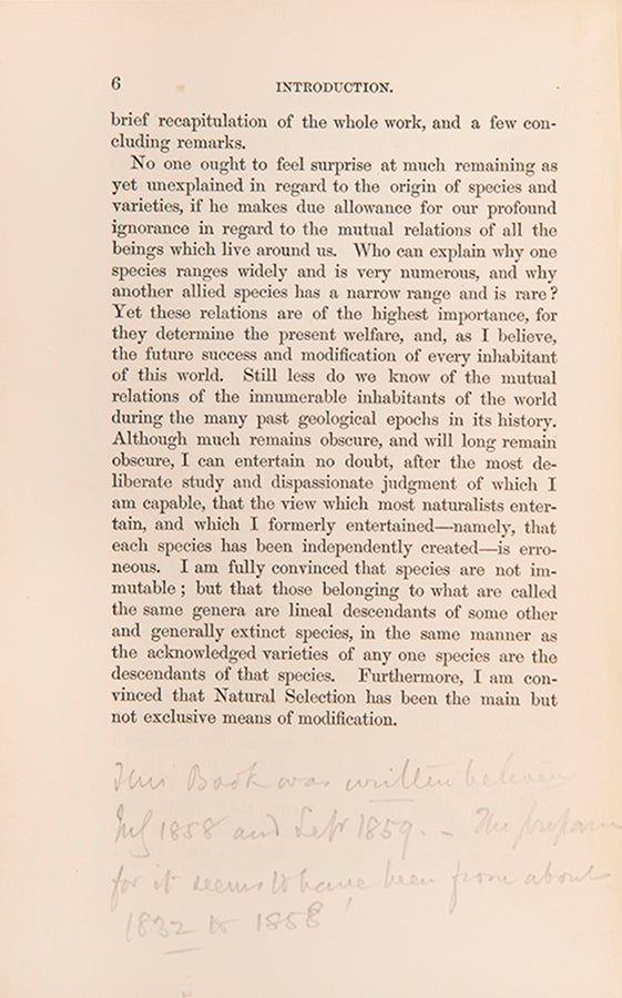 The first edition of the most influential scientific work of the nineteenth century, Charles Darwin's On the Origin of Species, published in 1859