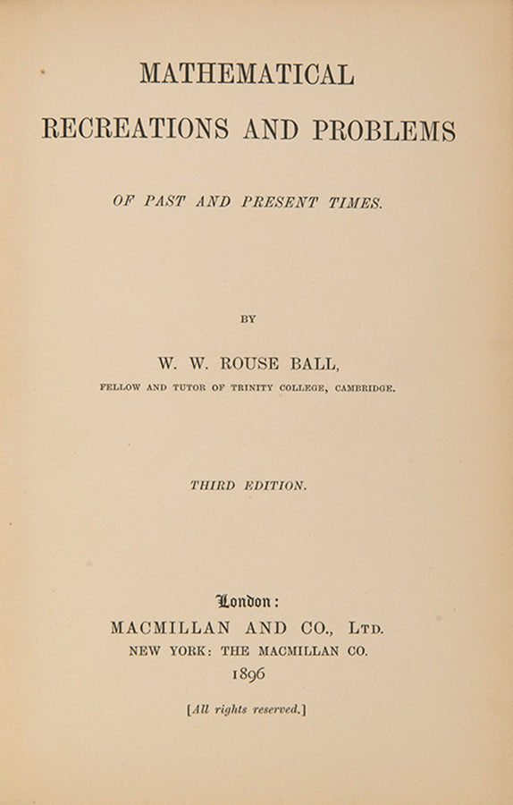 A handsomely bound copy of Mathematical Recreations by W.W. Rouse Ball, in gilt tree calf for the Merchant Taylor's School.