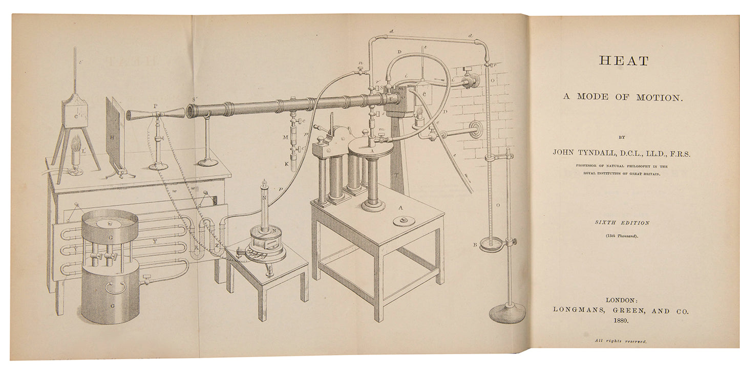 A finely bound copy of Heat: A Mode of Motion by physicist John Tyndall, the sixth edition published in 1880 and presented as a prize by Christ's Hospital, London.