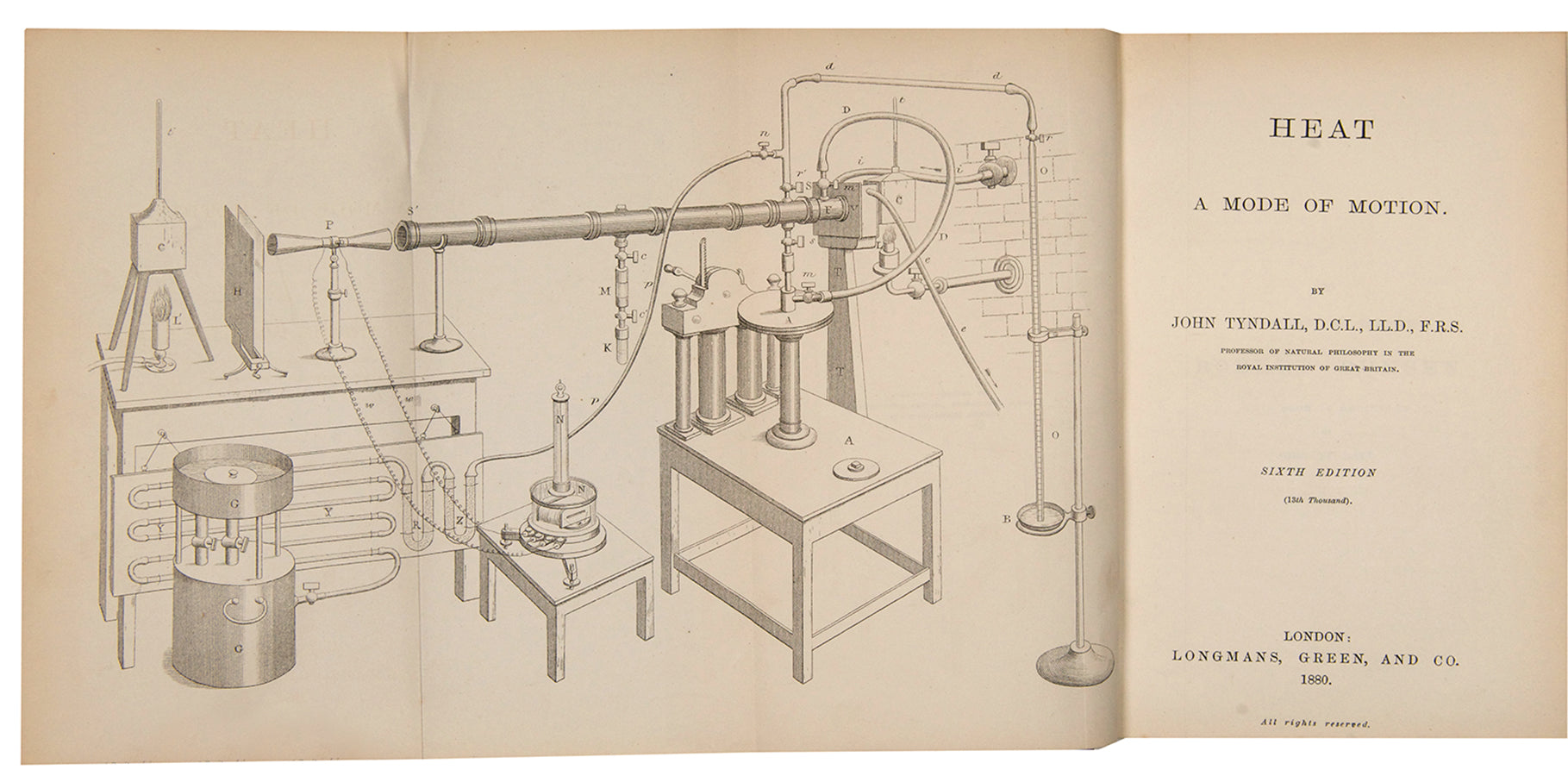 A finely bound copy of Heat: A Mode of Motion by physicist John Tyndall, the sixth edition published in 1880 and presented as a prize by Christ's Hospital, London.