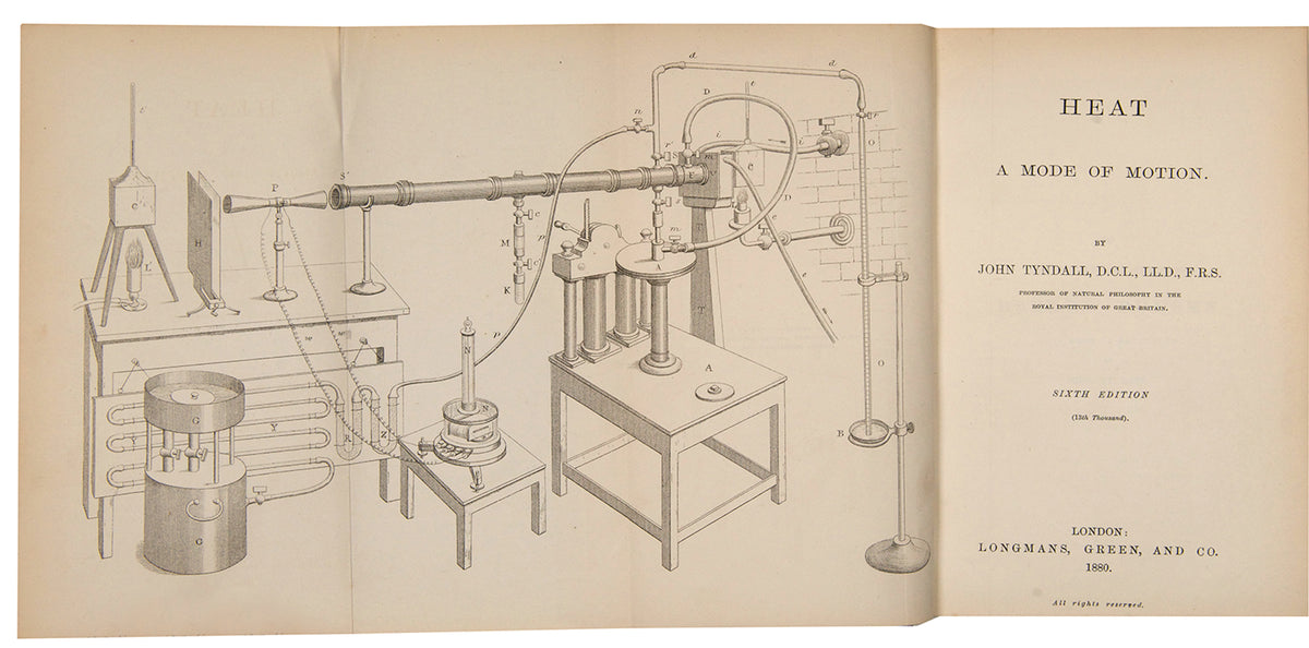 A finely bound copy of Heat: A Mode of Motion by physicist John Tyndall, the sixth edition published in 1880 and presented as a prize by Christ's Hospital, London.