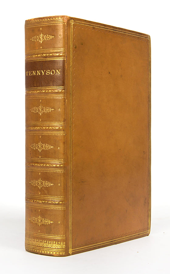 Complete works of Alfred Lord Tennyson in full calf leather double ruled in gilt and single ruled in blind marbled endpapers illustrated frontispiece very good condition