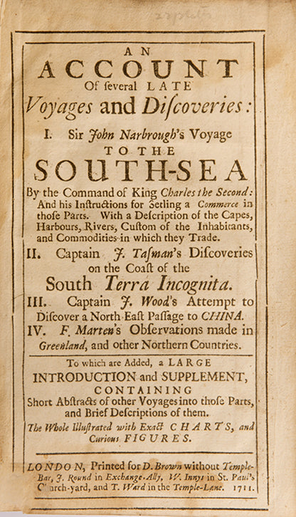 Second edition of John Narbrough's An Account of Several Late Voyages and Discoveries, the preferred edition with additional map and text on Greenland.