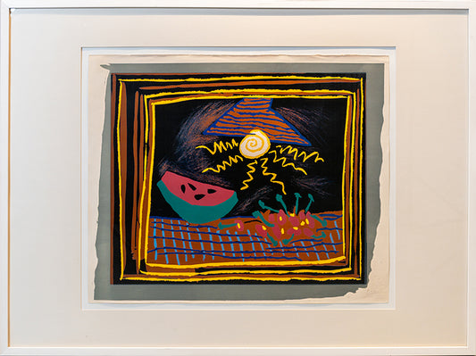 Nature more a la pasteque by Pablo Picasso, a linocut printed in colours in 1962 on arches paper, signed in pencil.