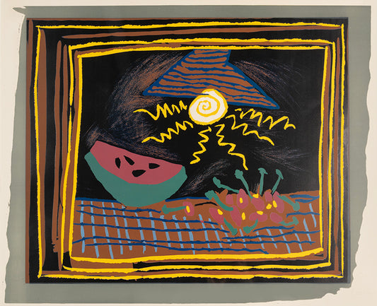 Nature more a la pasteque by Pablo Picasso, a linocut printed in colours in 1962 on arches paper, signed in pencil.