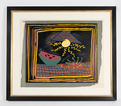 Nature more a la pasteque by Pablo Picasso, a linocut printed in colours in 1962 on arches paper, signed in pencil.