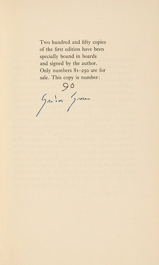 First edition of The Return of A.J. Raffles by Graham Greene. One of 250 copies, specially bound and signed by the author.