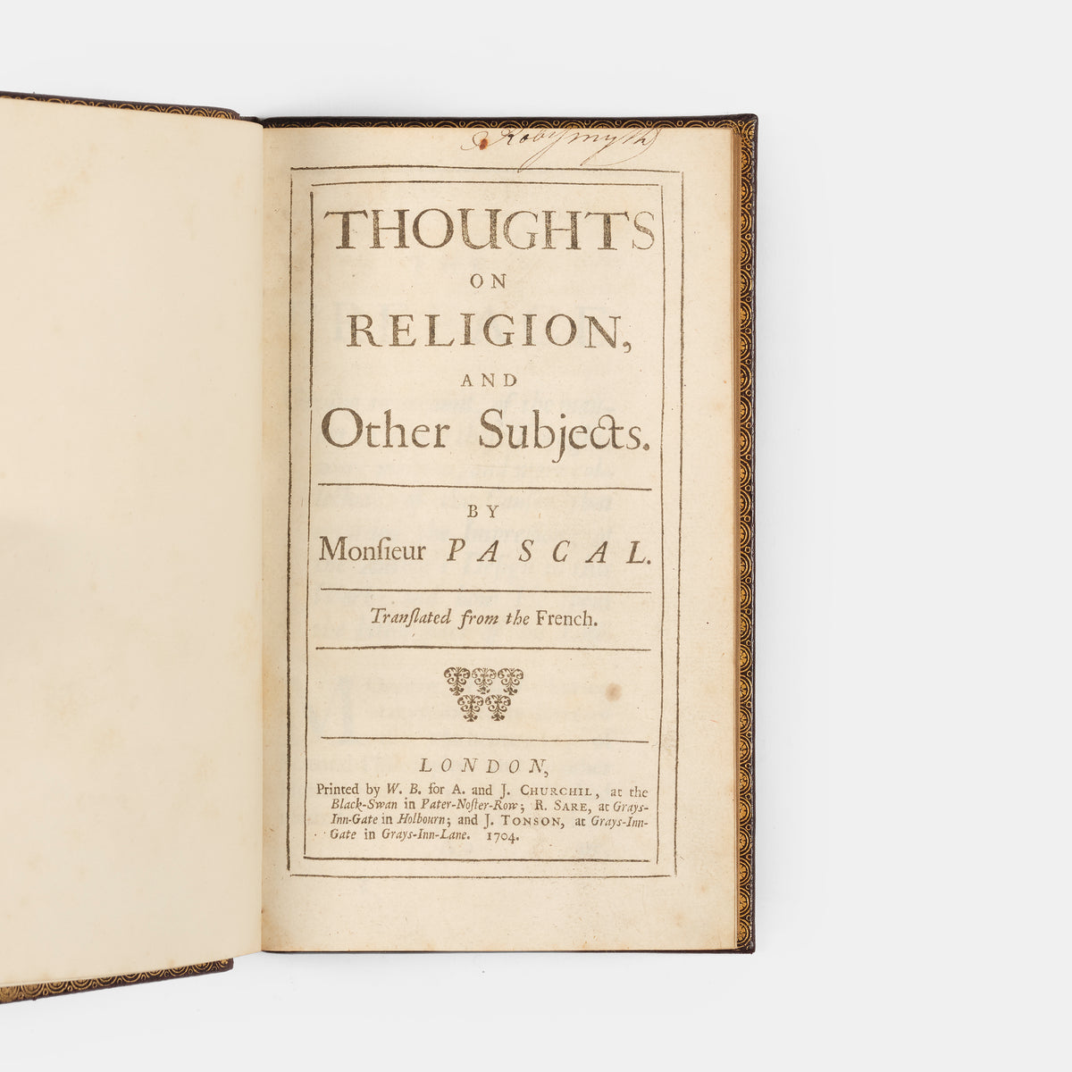 The first edition of this English language translation by Basil Kennett of Blaise Pascal's Pensées, or Thoughts on Religion