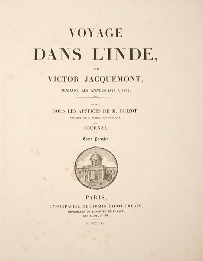 The complete first edition of Victor Jacquemont's scarce Voyage dans L'Inde, with 290 plates, of India, the Himalayas, Kashmir, Punjab, Tibet, and Delhi.