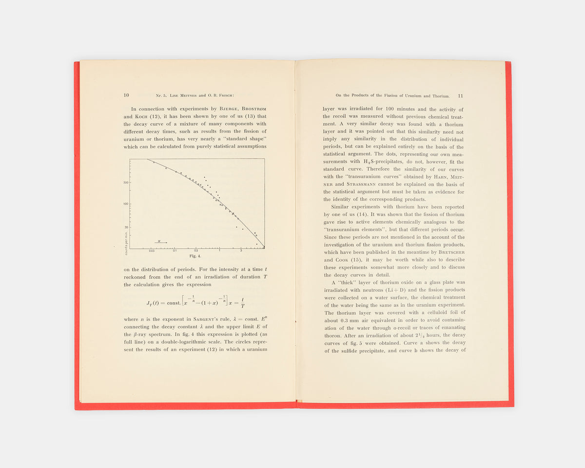First edition, the ofprint of a significant 1939 paper on nuclear fission by Lise Meither and Otto Frisch, On the Products of the Fission of Uranium and Thorium under Neutron Bombardment.