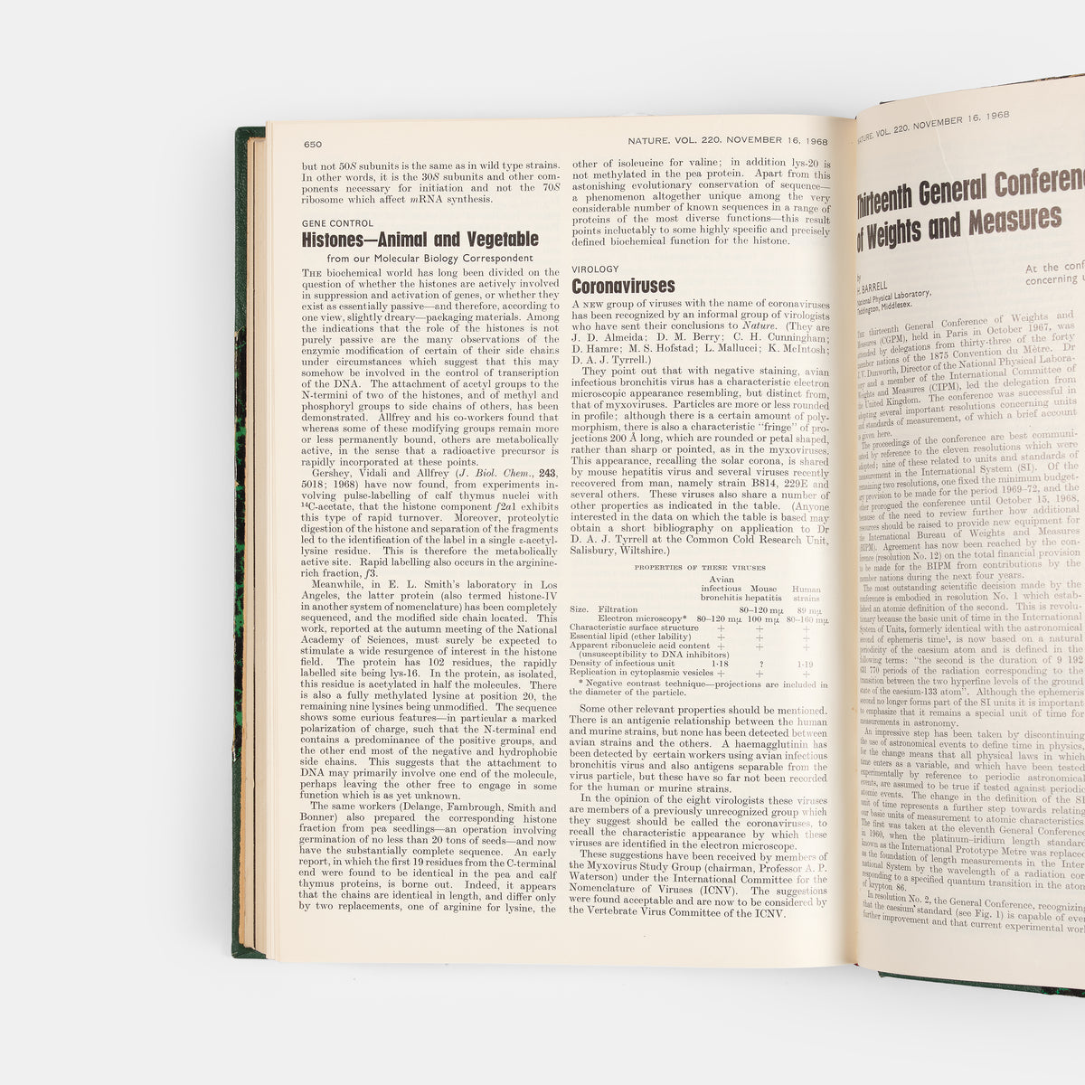 First edition of the first notice of coronaviruses in the scientific press, a short article in Nature reporting on their identification by June Almeida and David Tyrrell.