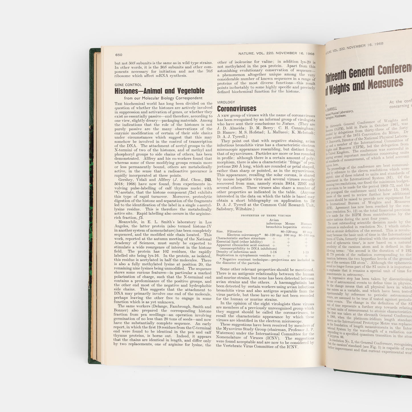 First edition of the first notice of coronaviruses in the scientific press, a short article in Nature reporting on their identification by June Almeida and David Tyrrell.