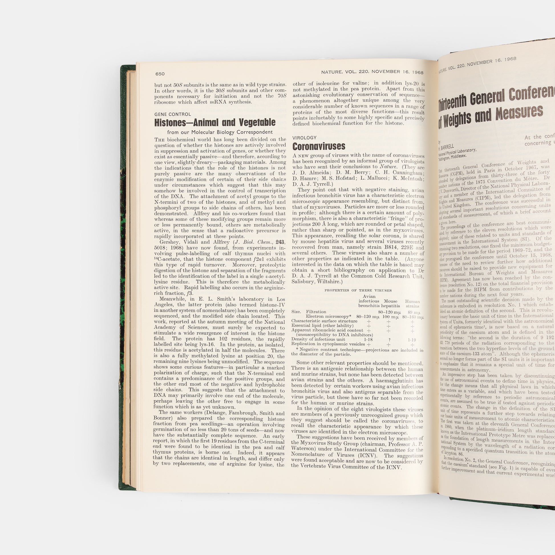 First edition of the first notice of coronaviruses in the scientific press, a short article in Nature reporting on their identification by June Almeida and David Tyrrell.