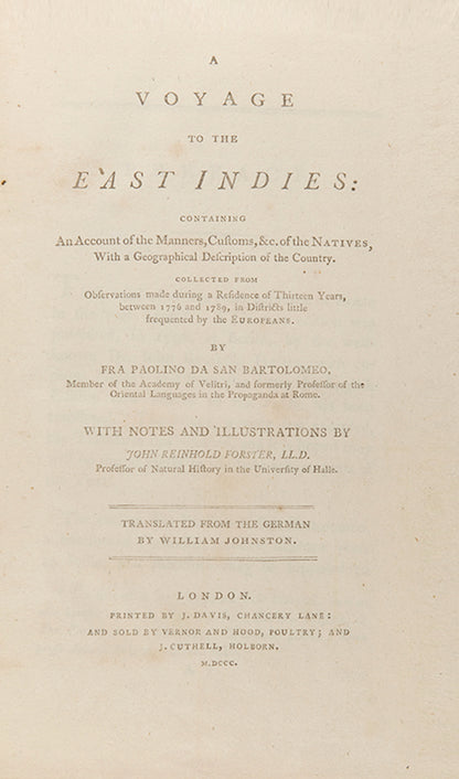 First English edition of A Voyage to the East Indies by Paolino da San Bartolomeo, a scarce work by an important early European scholar of India and particularly Sanskrit.