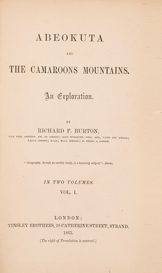 First edition of Burton's Abeokuta and the Camaroons Mountains, the scarce first issue with the photographic portrait frontispiece and folding map.