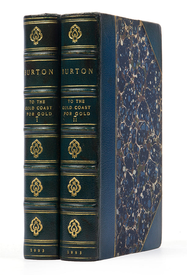 First edition of To the Gold Coast for Gold by Richard Burton, one of his rarer works on his expedition in 1875 to explore the Kong Mountains and search for gold in the valley of the Ancobra River.