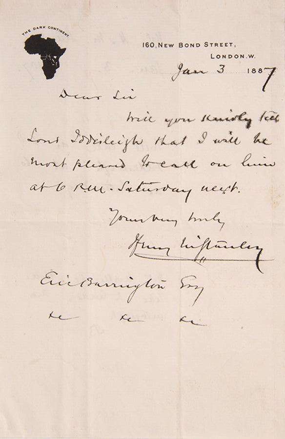 First edition of Through the Dark Continent by Stanley with a signed letter loosely inserted, dated within the three weeks that Stanley was back in London in 1887 planning the Emin-Pasha expedition.