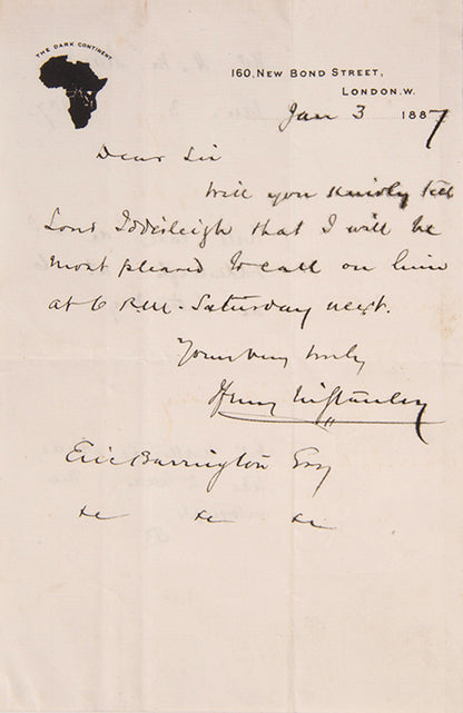 First edition of Through the Dark Continent by Stanley with a signed letter loosely inserted, dated within the three weeks that Stanley was back in London in 1887 planning the Emin-Pasha expedition.
