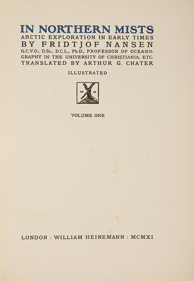 The first english edition of Nansen's In Northern Mists, with the superior gilt variant binding.