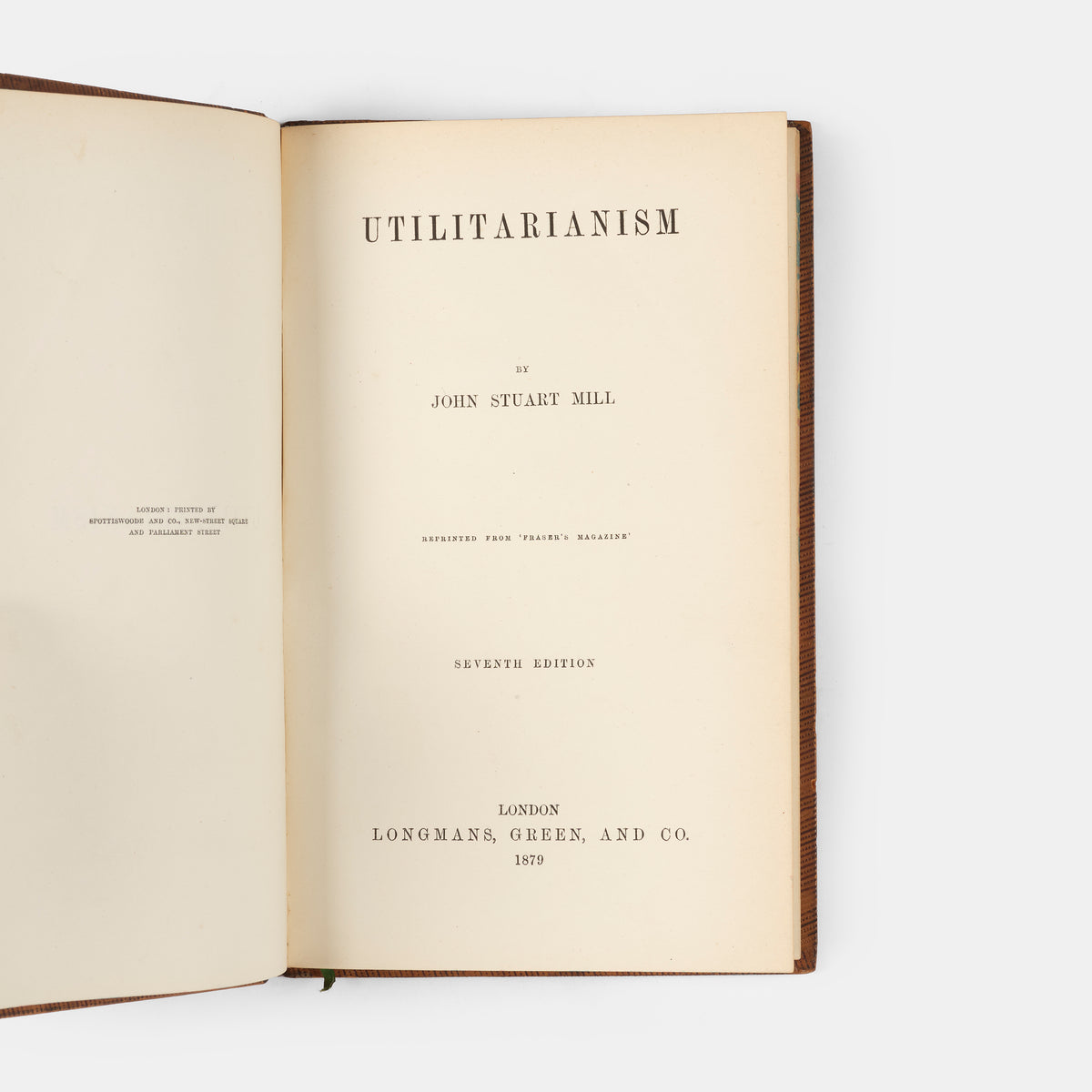 A handsome example of J.S. Mill's spirited defence of Utilitarianism, bound in tree calf gilt with the arms of Brasenose College, Oxford