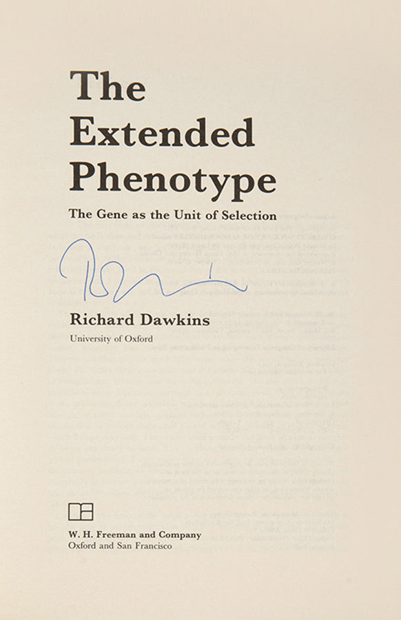 A signed first edition of The Extended Phenotype by evolutionary biologist Richard Dawkins.