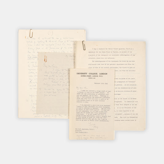 A set of letters and drafts of the nomination of Edward Appleton for the Nobel Prize in Physics, from the files of nominator Edward Neville da Costa Andrade, 1945.
