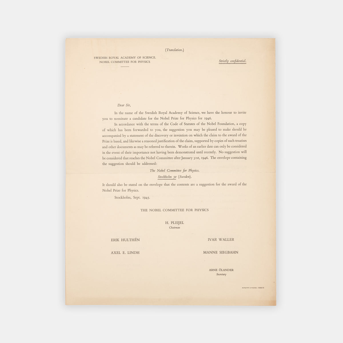A set of letters and drafts of the nomination of Edward Appleton for the Nobel Prize in Physics, from the files of nominator Edward Neville da Costa Andrade, 1945.