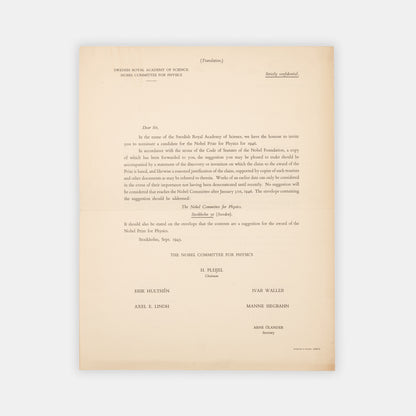 A set of letters and drafts of the nomination of Edward Appleton for the Nobel Prize in Physics, from the files of nominator Edward Neville da Costa Andrade, 1945.