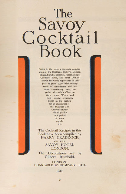 A very good copy of the first impression of The Savoy Cocktail Book by Harry Cradock, an Art Deco classic.