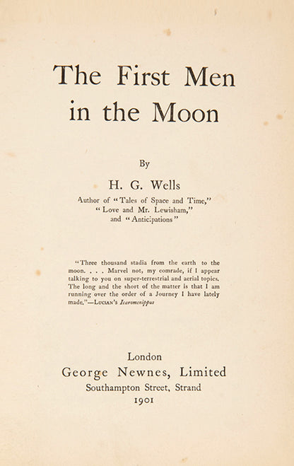First UK edition of The First Men in the Moon by H.G. Wells, illustrated with twelve black and white drawings by Claude Shepperson. Inspired by Jules Verne's Journey to the Moon