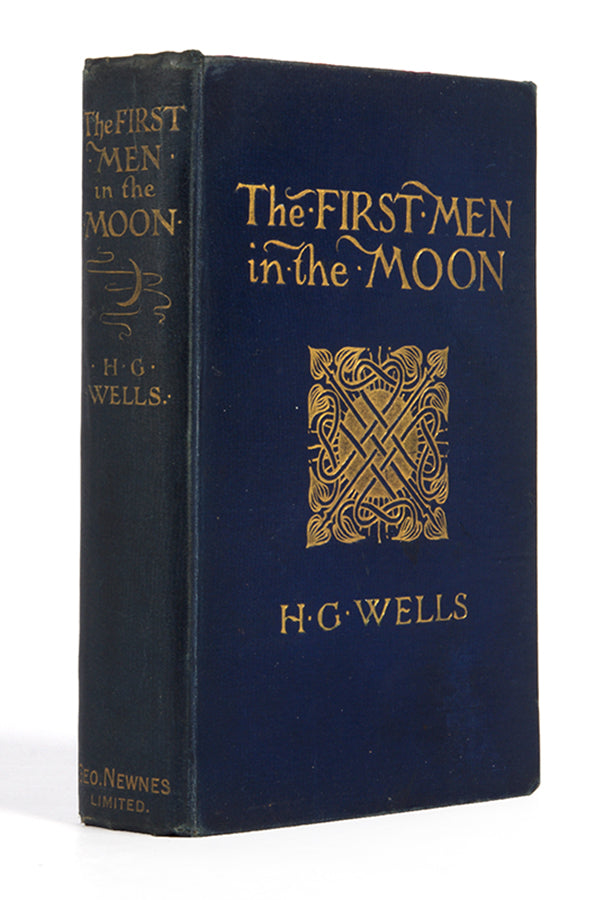 First UK edition of The First Men in the Moon by H.G. Wells, illustrated with twelve black and white drawings by Claude Shepperson. Inspired by Jules Verne's Journey to the Moon