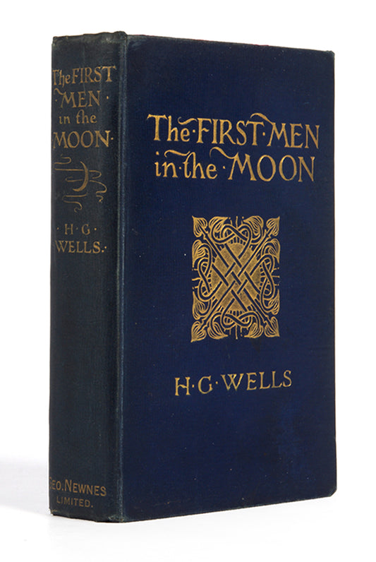 First UK edition of The First Men in the Moon by H.G. Wells, illustrated with twelve black and white drawings by Claude Shepperson. Inspired by Jules Verne's <em>Journey to the Moon</em>