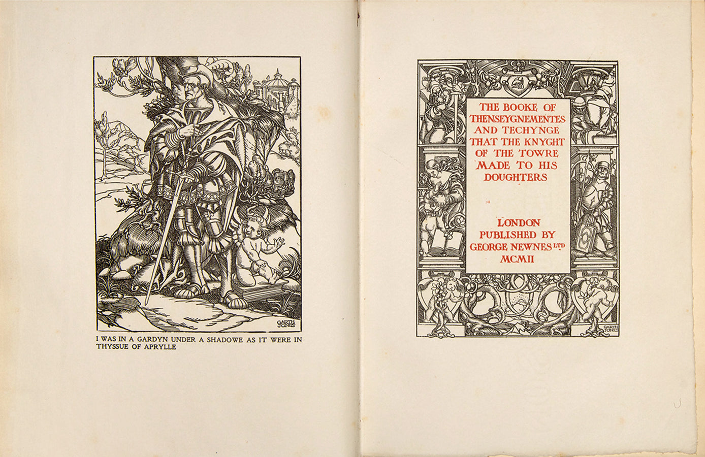 One of 56 copies of The book of Thenseygnementes, bound by Cedric Chivers, with illustratioins by Garth Jones, in  original  hand-painted vellucant vellum 1902