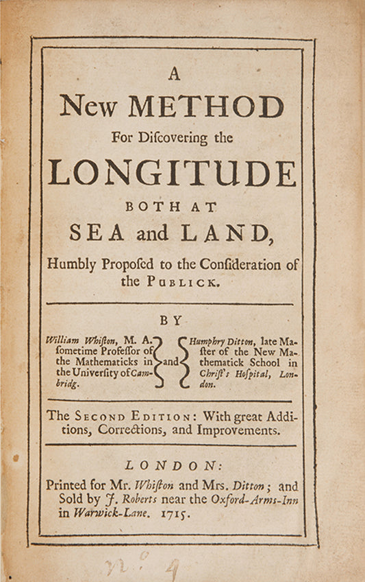 Second edition of William Whiston's early contribution to the longitude challenge, A New Method for Discovering the Longitude Both at Sea and Land, published in 1715.